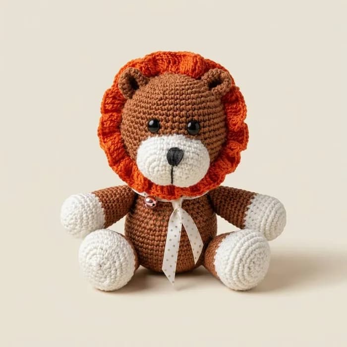 León de ganchillo. Melena naranja y lazo de lunares.