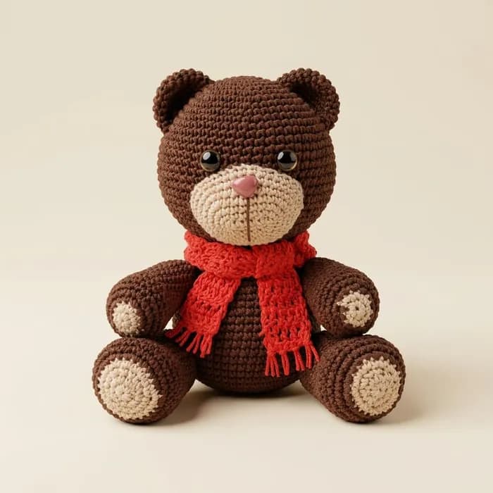 Oso con bufanda roja de ganchillo. Con flecos, para el invierno.