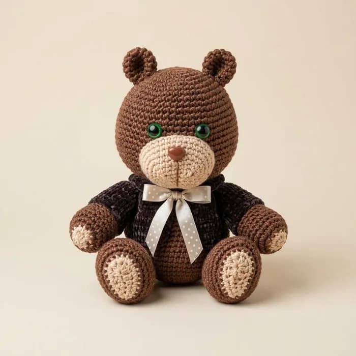 Oso con chaqueta de ganchillo. Chaqueta de terciopelo y lazo.