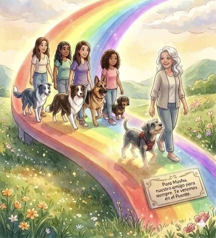 Ilustración: Celia camina por un puente de arcoíris con Mushu, seguidos de cuatro chicas con sus perros. Una placa dice: «Para Mushu, nuestro amigo para siempre. Te veremos en el Puente».